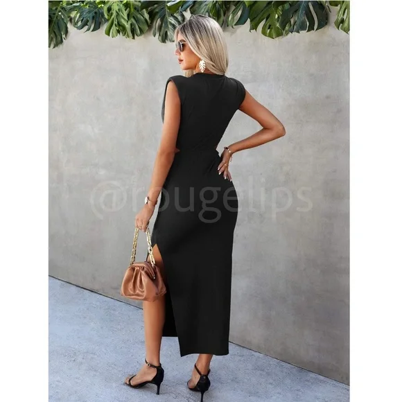 Black Cut Out Sides Ring Detail Shoulder Pad Long Dress Leg Slit - Picture 2 of 6